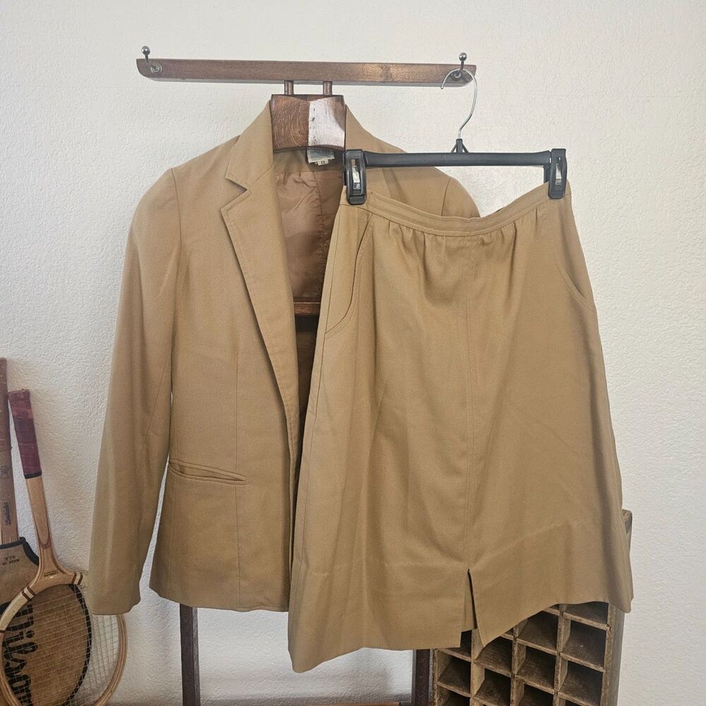 Vtg 80s Career Guild Skirt Suit Set 12 Womens Tan Dark Academia Office Siren Rag